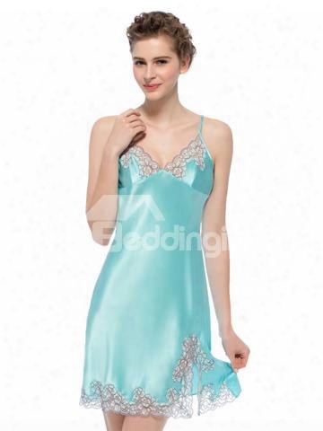 Embroidery Bust Side Vent Spaghetti Strap Silk Chemise