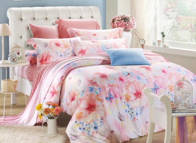 Flower And Butterfly Print 4-piece Tencel Duvet Cover Sets