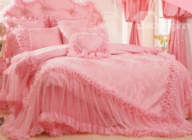 Flower Embroidery Lace Edging Princess Full Size 4-piece Duvet Covers/bedding Sets