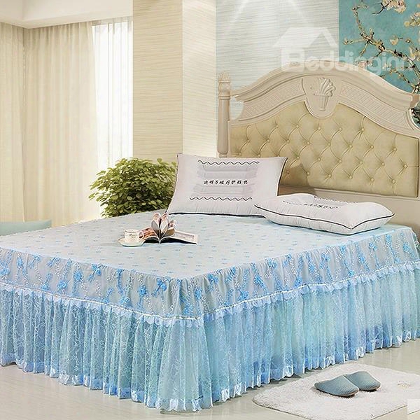 Fresh And Cool Sky Blue Chija Rose Lace Border Soft And Comfortable Bed Skirt