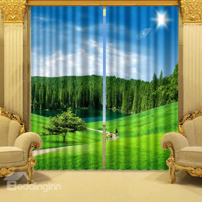 Fresh Nature Scenery Green Grassland And Peaceful River Prinnted Custom 3d Curtain