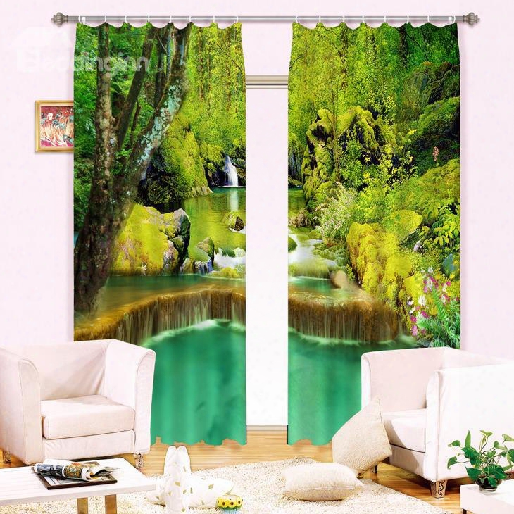 Green Forest And Waterfall Printed Thick Polyester Energy Saving Custom 3d Curtain