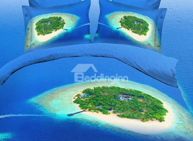 Green Island And Dark Blue Sea Print 4-piece Polyester 3d Duvet Cover Sets