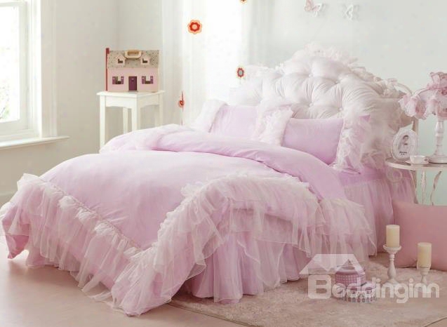 High Quality Pure Color Concise Lace Pattern 4-piece Cotton Duvet Cover Sets
