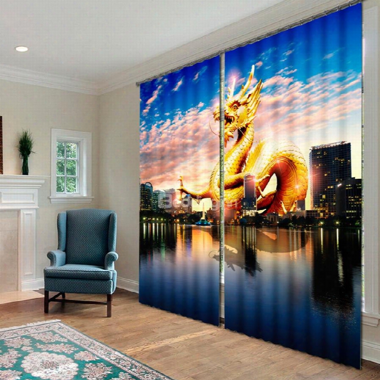 Huge Golden Dragon Over The City Printing Decorative Custom 3d Curtain