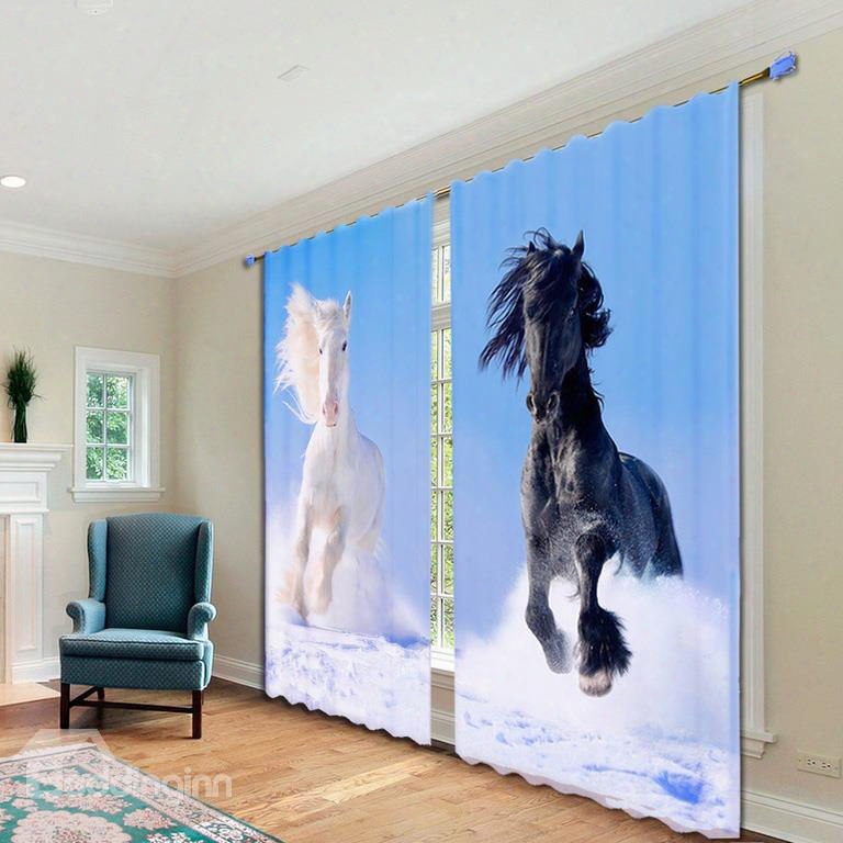 Impetuous White And Black Horses Printed Polyester Animal Scenery Custom 3d Curtains