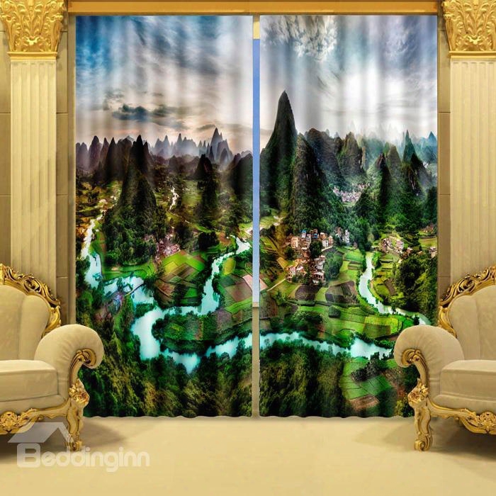 Lifelike 3d Mountain River Country Life Blackout Curtain