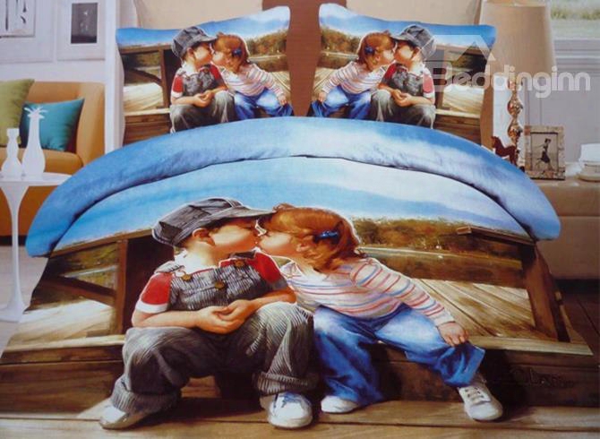 Lovely Kissing Babies Print 4-piece 3d Duvet Cover Sets