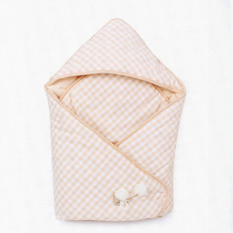 Lovely Plush Ball Trim Grid Pattern Natural Colored Cotton Baby Sleeping Bag