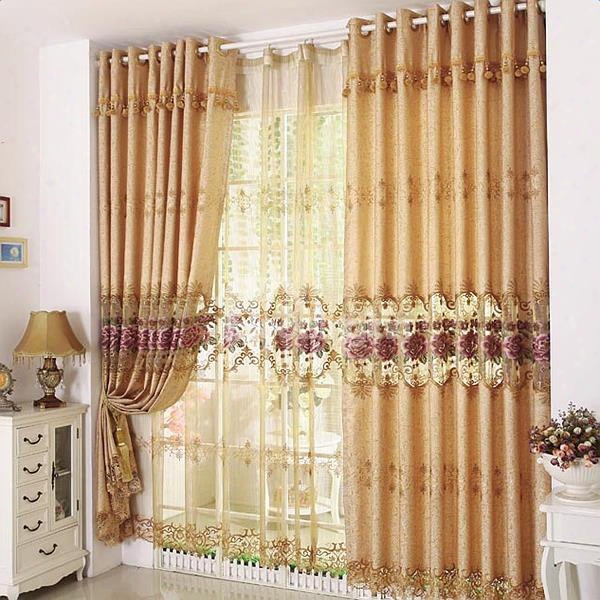 Luxury Golden Peony Floral Embroider Hollow Sheer Curtain