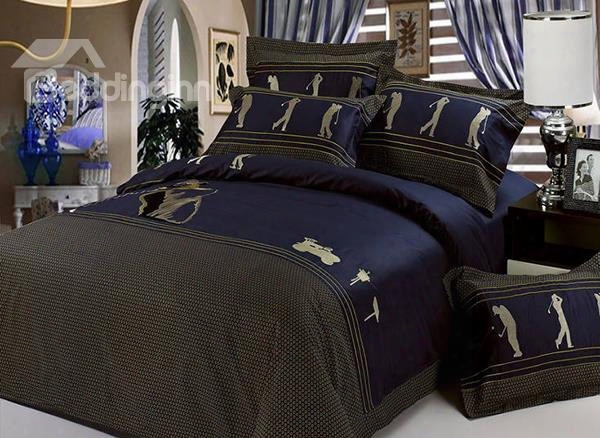 Noble Dark Blue With Figure And Golf Pattern Cotton 4-piece Bedding Sets