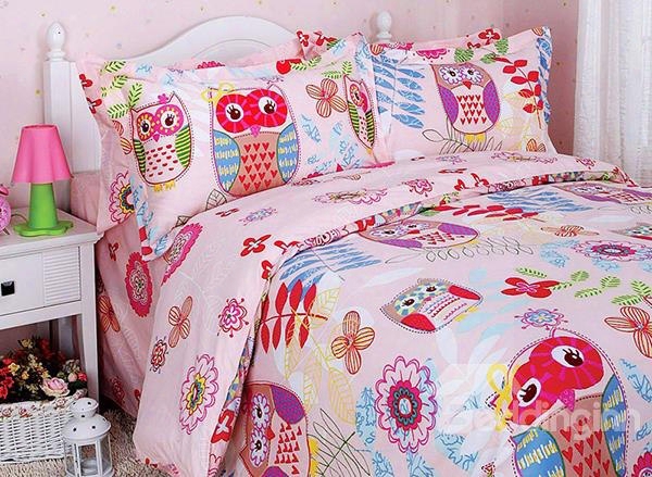 Owl And Flower Print 3-piece Cotton Duvet Cover Sets