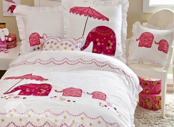 Pink Elephant With Umbrella 3-piece Cotton Duvet Cover Sets