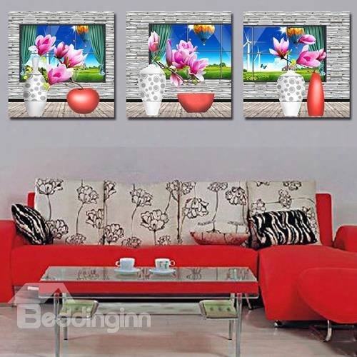Pink Flowers With Red Vase 3-piece Crystal Film Art Wall Print