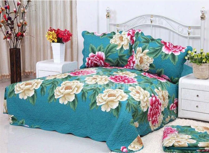 Red And Beige Blooming Peonies Flowers Print Cotton 4-piece Bedding Sets/duvet Cover