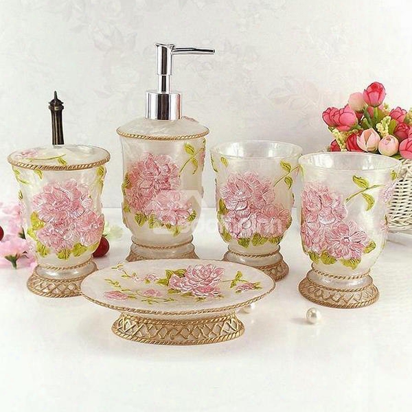 Romantic Azalea Carving 5-pi Eces Resin Bathroom Accessories