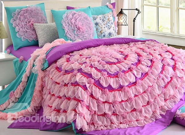 Romantic Pink Lace Flowers Princess Style Cotton 6-piece Bedding Sets/duvet Cover