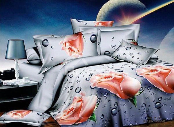 Romantic Rose And Water Drops Print 4-piece Polyester Duvet Cover Sets