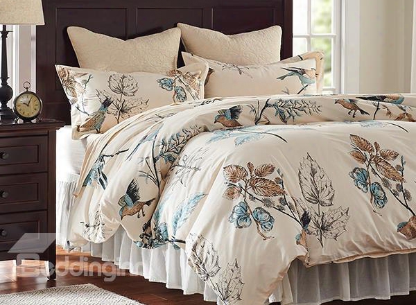 Rural Flower And Birds Print 4-piece Cotton Bedding Sets/duvet Cover
