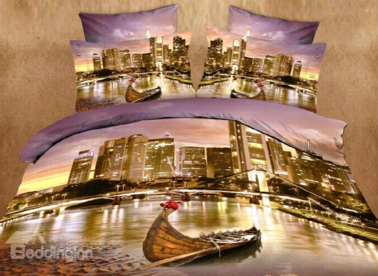 Seaside City And Little Boat Print 4-piece Cotton Duvet Cover Sets