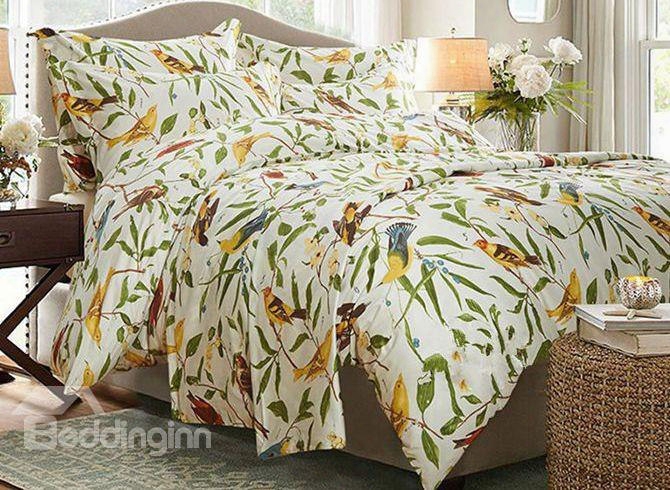 Soft Country Spring Birds And Flowers Print 4-piece Cotton Duvet Cover Sets