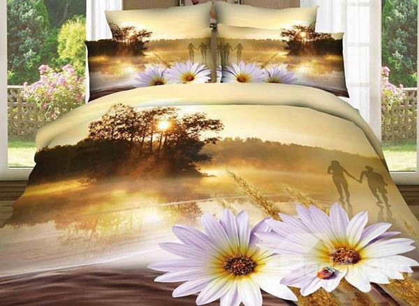 Sunset River And Flower Print 4-piece 100% Cotton Duvet Cover Sets