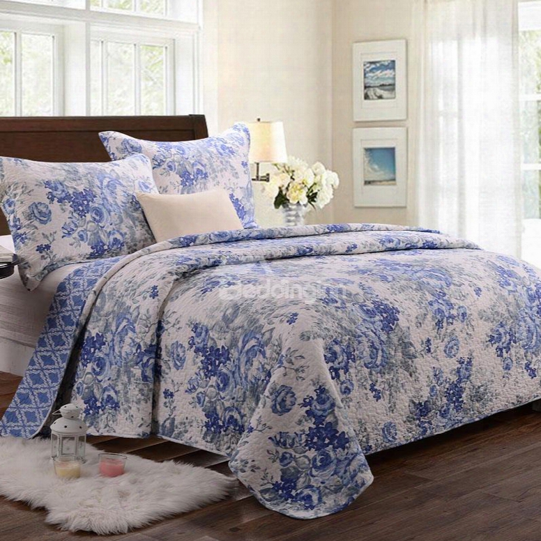 Super Comfort Blue And White Flowers Pattern Bed In A Bag