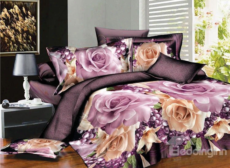 Sweet Rose And Purple Fruit Print 4-piece Polyester Duvet Cover Sets