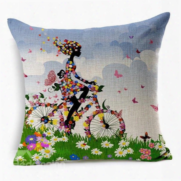 The Girl Riding A Bike Printing Throw Pillow