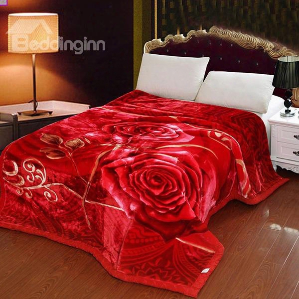 Thick Style Full Blooming Red Rose Pattern Two Layer Comfortable Blanket