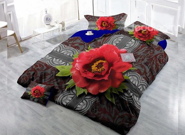 Top Grade Red  Flowers Digital Print 4-piece Cotton Duvet Cover Set
