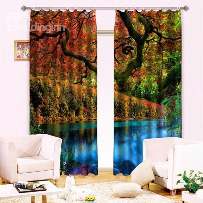 Two Pieces Red Leaves And Peaceful River Printing Wonderful Natural Scenery Decorative 3d Curtain