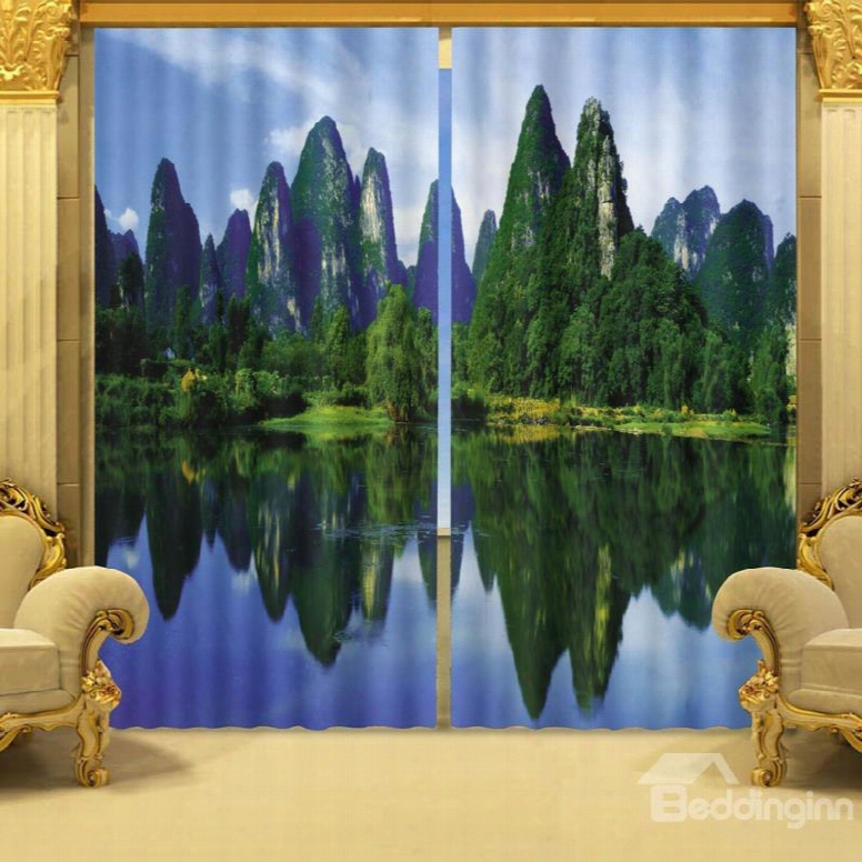 Pair Symmetrical Mountains And Rivers Nature Landscape Printing 3d Shading Curtain