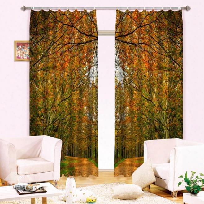 Two Symmetrical Yellow Trees And Leaves Printed Autumn Style Shading 3d Curtain