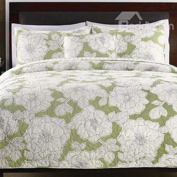 White Blooming Peony Green Background Color Ultra Comfortable Quilt