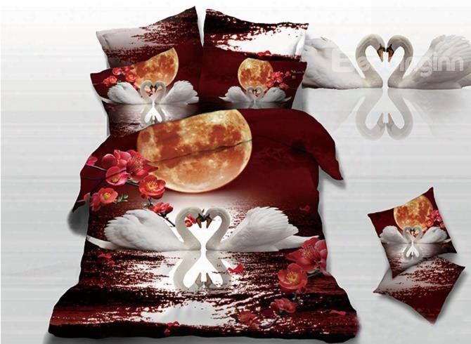 White Swan Couple's Love In Moonlight Print 3d Duvet Cover Sets
