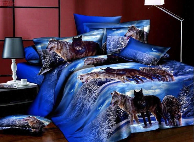 Wolfs On Snow Print Polyester 4-piece Bedding Sets/duvet Covers