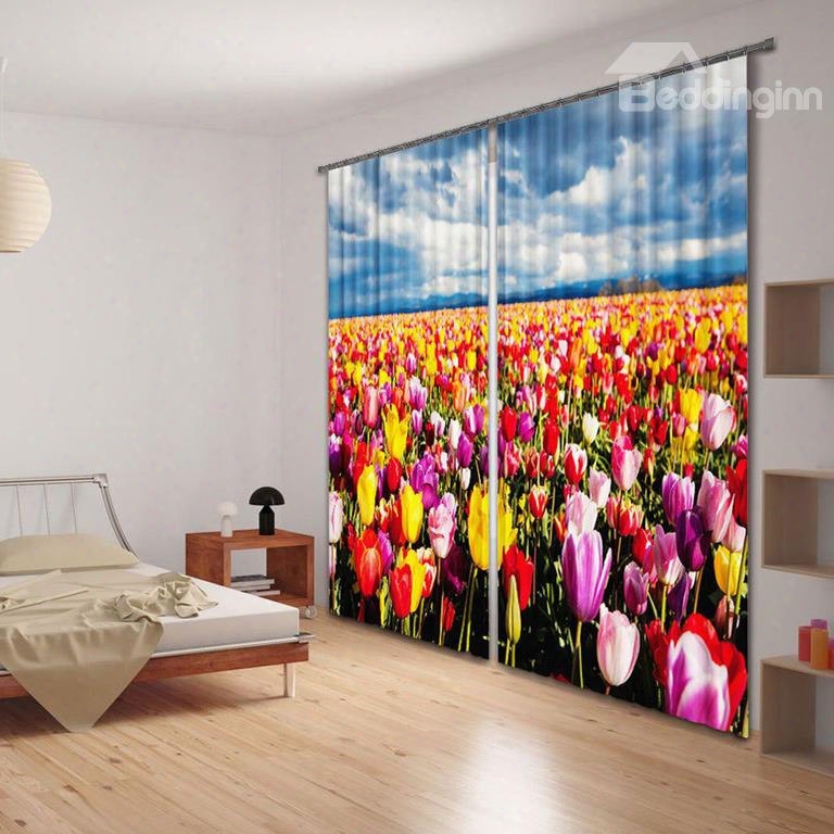 Wonderful Colorful Tulips 2-piece Polyester Custom Living Room 3d Curtains