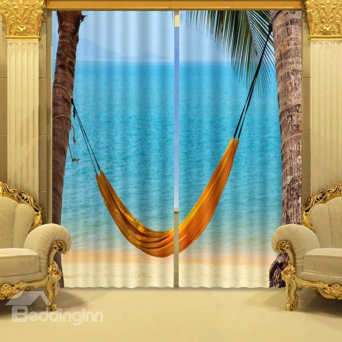 Yellow Hammock And Blue Sea Beach Scenery Decorative Custom 3d Curtain For Living Room