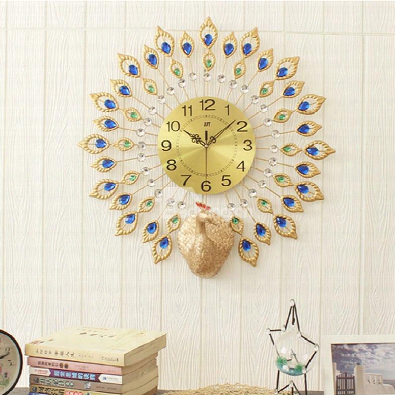 28in Peacock Pattern Round Iron And Diamond Battery Mute Hanging Wall Clock