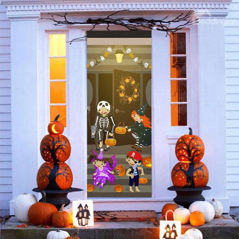 30␔79in 3d Halloween Boys Girls Jack-o-lanterns Pvc Environmental And Waterproof Door Mural