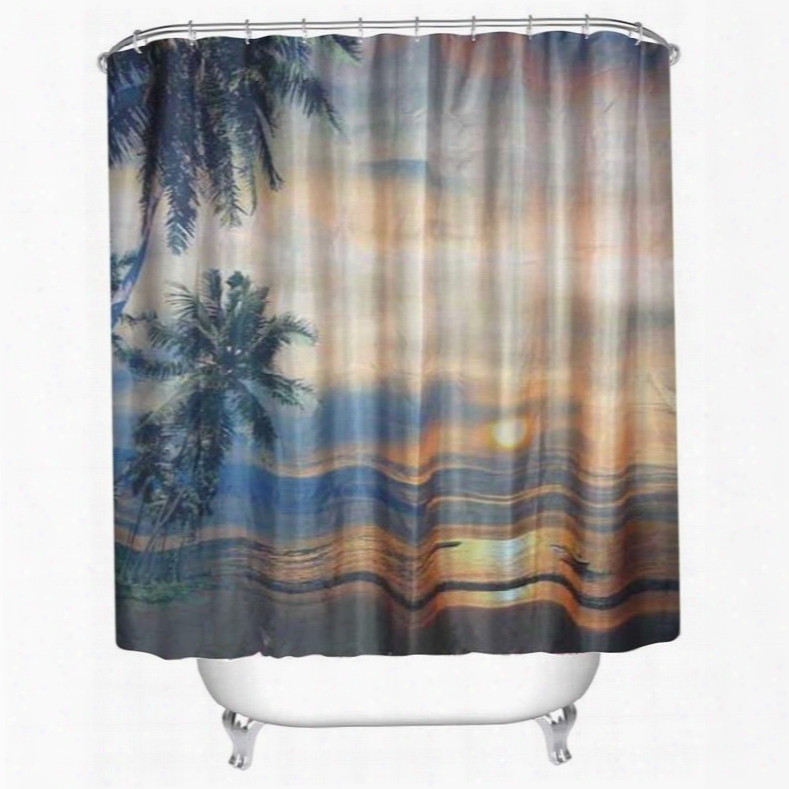 3d Beach In Sunset Printed Polyester Waterproof Antibacterial And Eco-friendly Shower Curtain