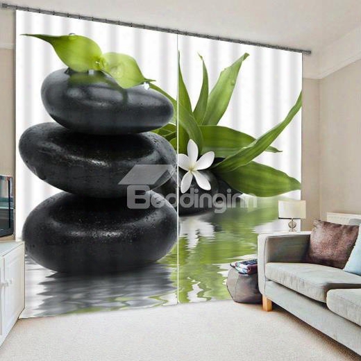 3d Beautiful Flowers And Stacked Pebbles Stones Printed Custom 2 Panels Floral Curtain