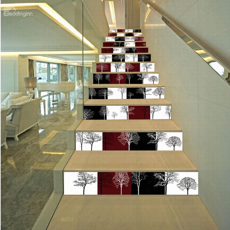 3d Black White Red Plaids Trees 13-piece Printed Pvc Waterproof Eco-fri Endly Stair Murals