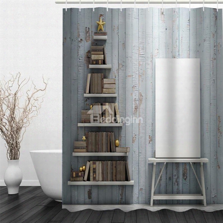 3d Books On Shelves Printed Polyester Waterproof Antibacterial Eco-friendly Shower Cutain