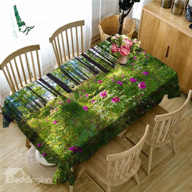 3d Bright Colored Purple Flowers In Grassland Printed Vivid Pattern Table Cover