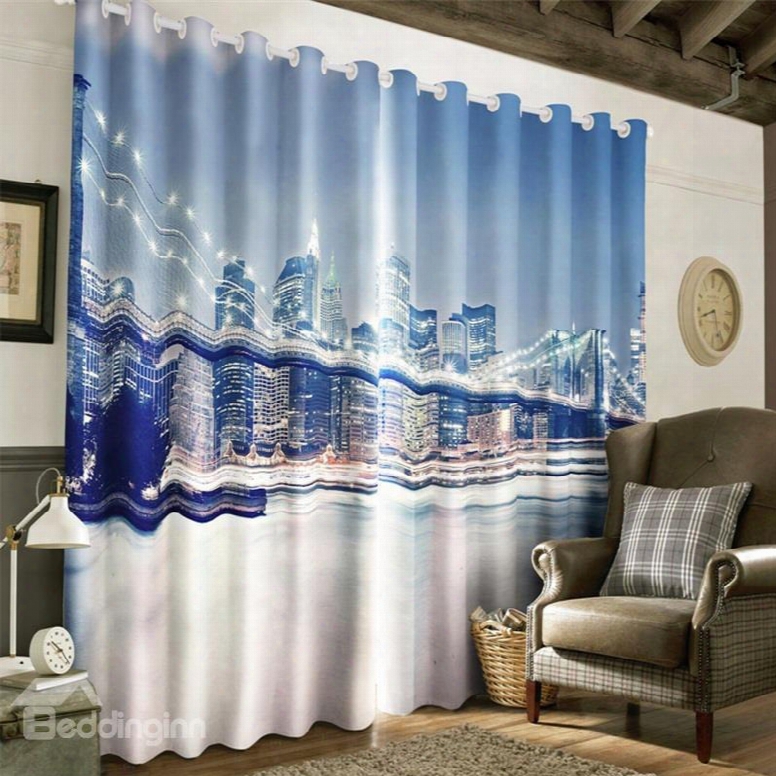 3d Broad Bridge In Night Printed Thick Polyester Two Panels Custom Living Room Curtain