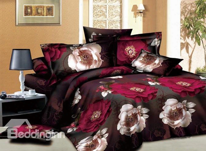 3d Burgundy And White Peony Printed Cotton 4-piece Bedding Sets/duvet Covers