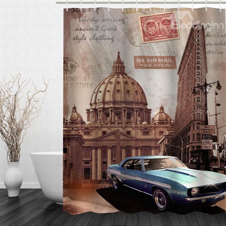 3d Car And Buildings Pattern Polyester Waterproof And Eco-friendly Shower Curtain