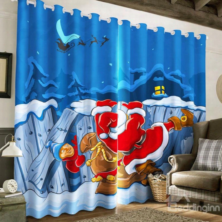 3d Cartoon Santa Claus In Night Printed Happy Christmas Polyester Custom Curtain